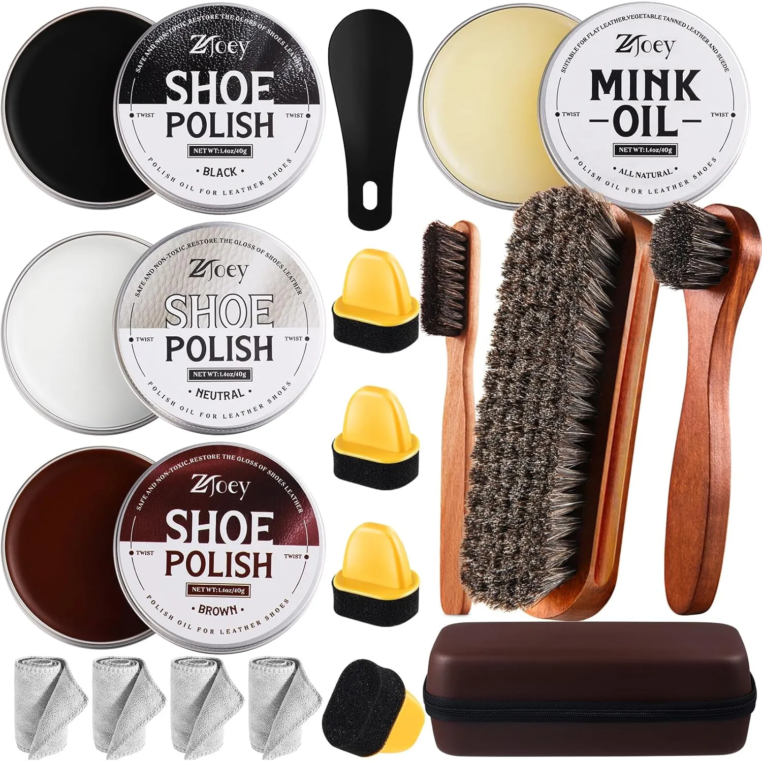 17Pcs Leather Shoe Polish Set Travel Boots Shine Care Kit Horsehair Brushes for Men Him Husband Dad (Style A)