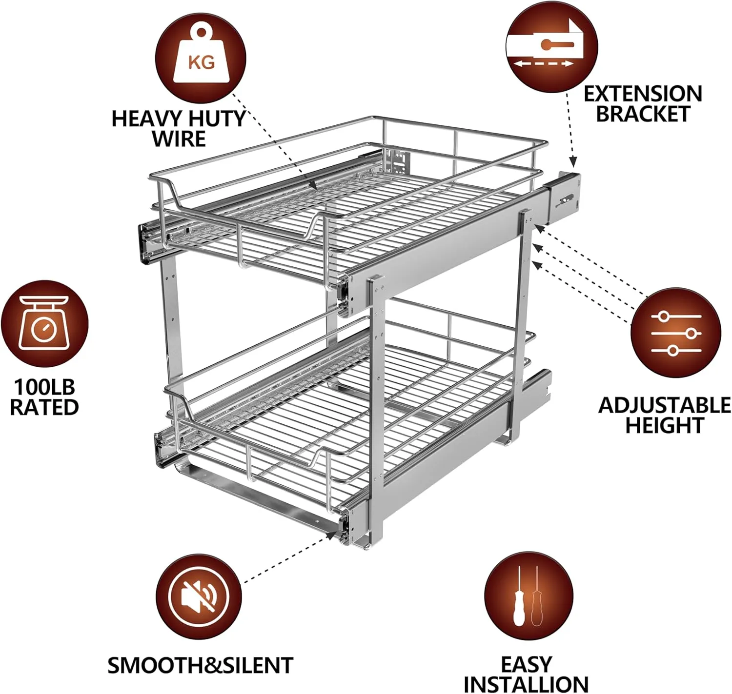 2-Tier Cabinet Pull Out Shelves (14"W x 22"D), Slide Out Shelves for Kitchen Cabinets, Metal Under Cabinet Roll Out Shelf