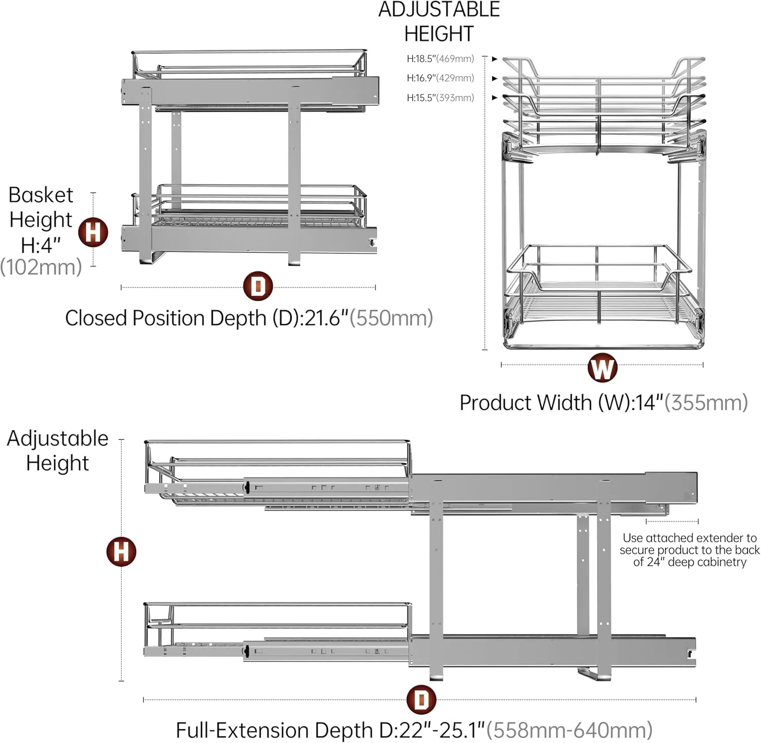 2-Tier Cabinet Pull Out Shelves (14"W x 22"D), Slide Out Shelves for Kitchen Cabinets, Metal Under Cabinet Roll Out Shelf