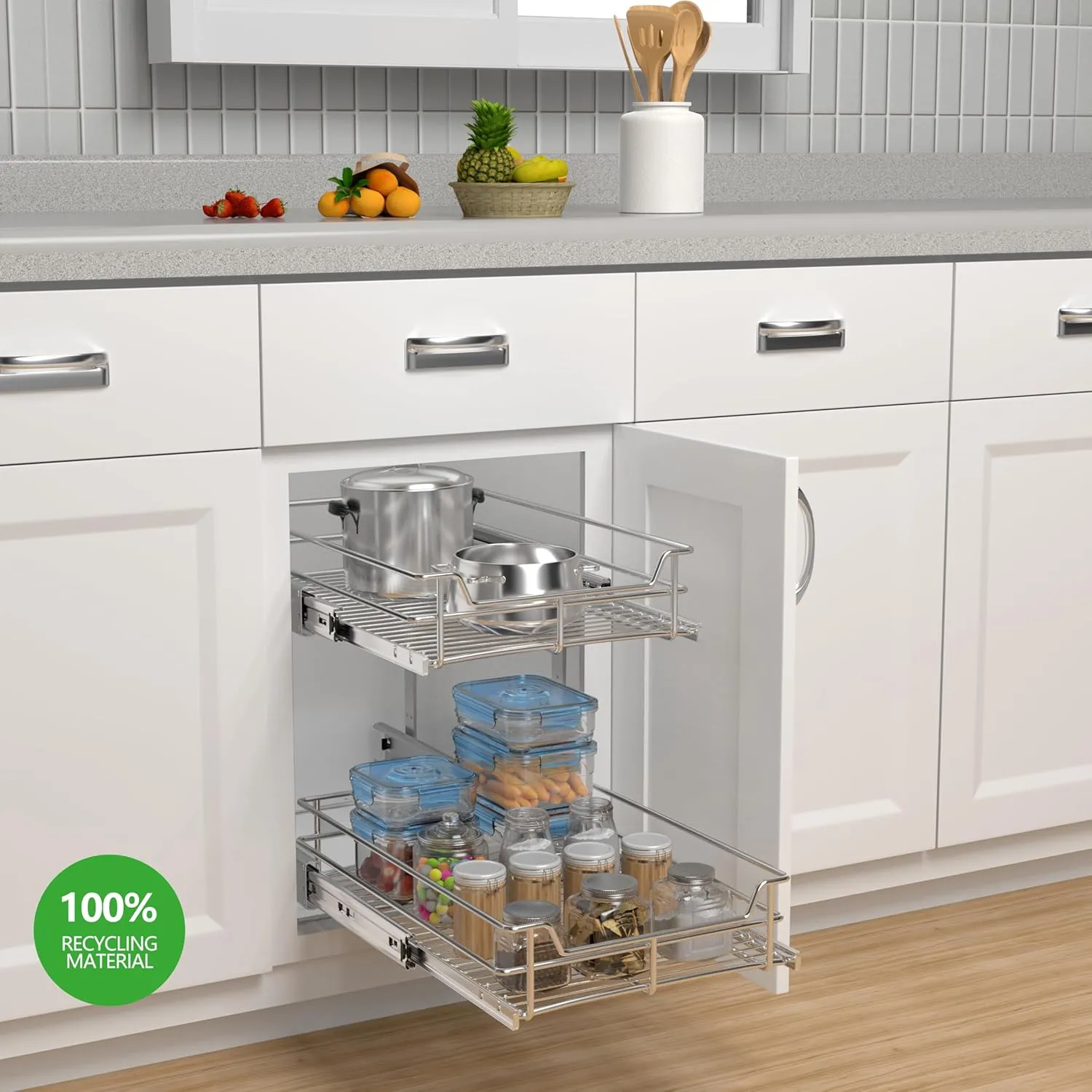 2-Tier Cabinet Pull Out Shelves (14"W x 22"D), Slide Out Shelves for Kitchen Cabinets, Metal Under Cabinet Roll Out Shelf