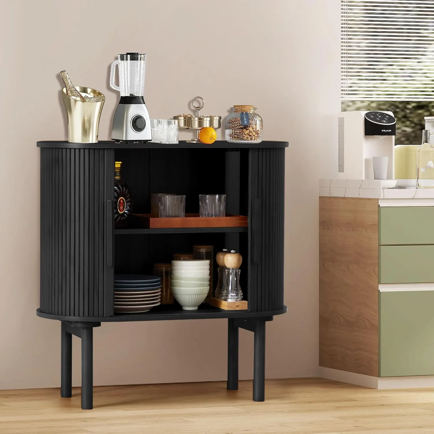 31'' Fluted Sideboard Buffer Cabinet, Modern Credenza Storage Cabinet with Slide Doors, Bar Cabinet Console Table for Living Dining Room Kitchen Hallway Entryway, Black