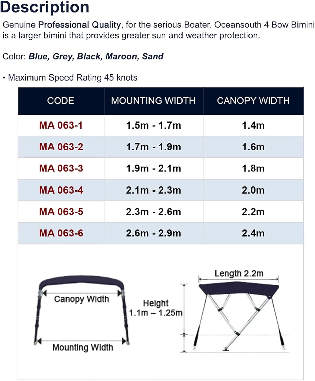 4 Bow Biminii 1.5-2.9m 25mm Aluminium Tube Marine Grade Boat-Cover Top Canopy Water Sun Proof UV Protection Blue (Color : 2.6m 2.9m Blue)