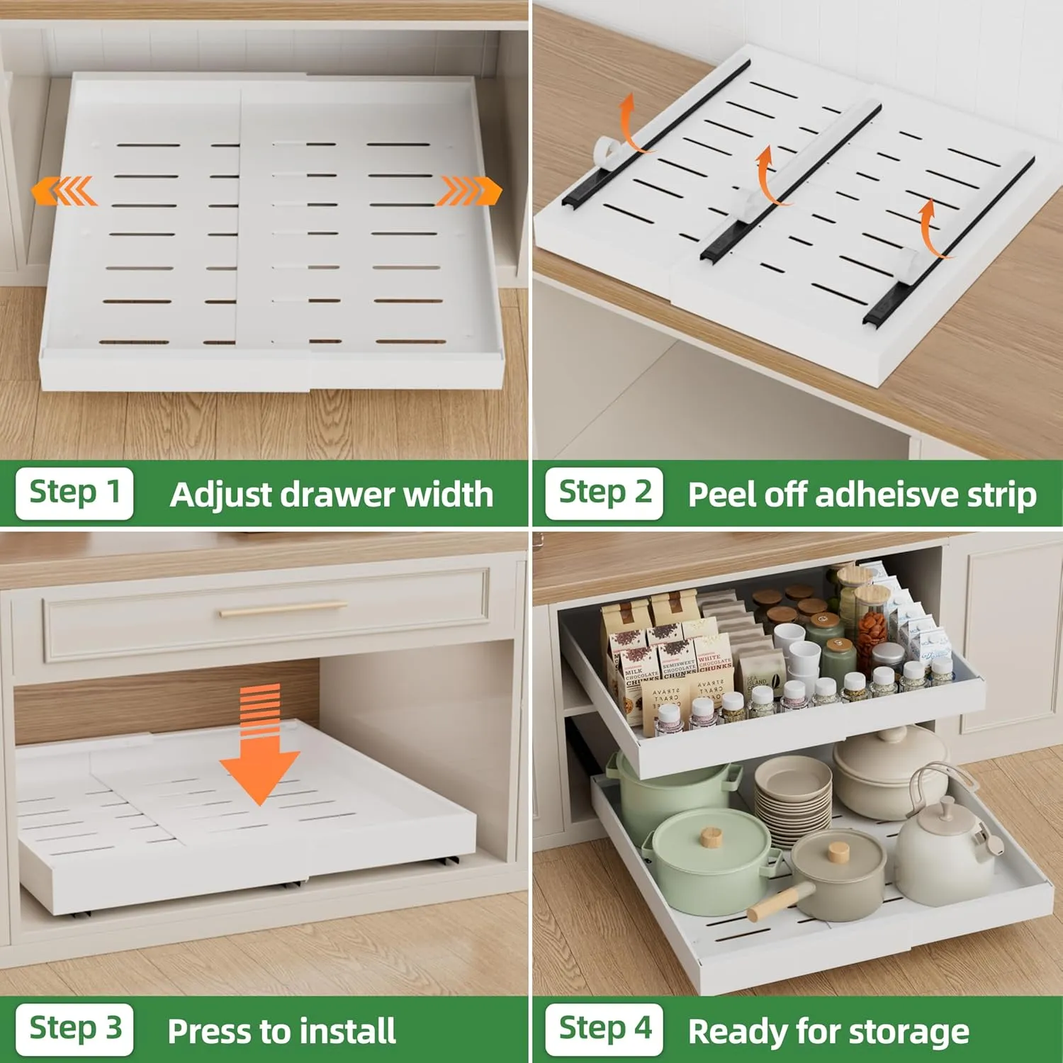 4 Pack Expandable Pull Out Cabinet Organizer, 21'' Deep Pull Out Drawers for Cabinet, Upgrade 3 Slide Rails Sliding Drawers for Cabinet with Adhesive Nano Film (White)