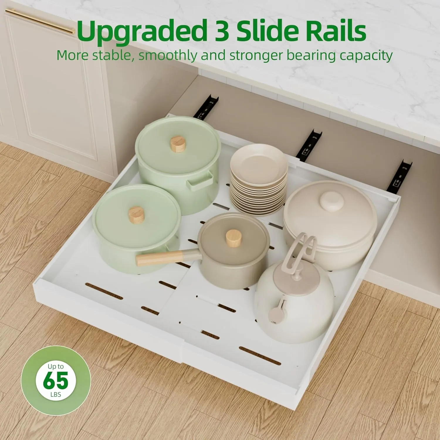 4 Pack Expandable Pull Out Cabinet Organizer, 21'' Deep Pull Out Drawers for Cabinet, Upgrade 3 Slide Rails Sliding Drawers for Cabinet with Adhesive Nano Film (White)