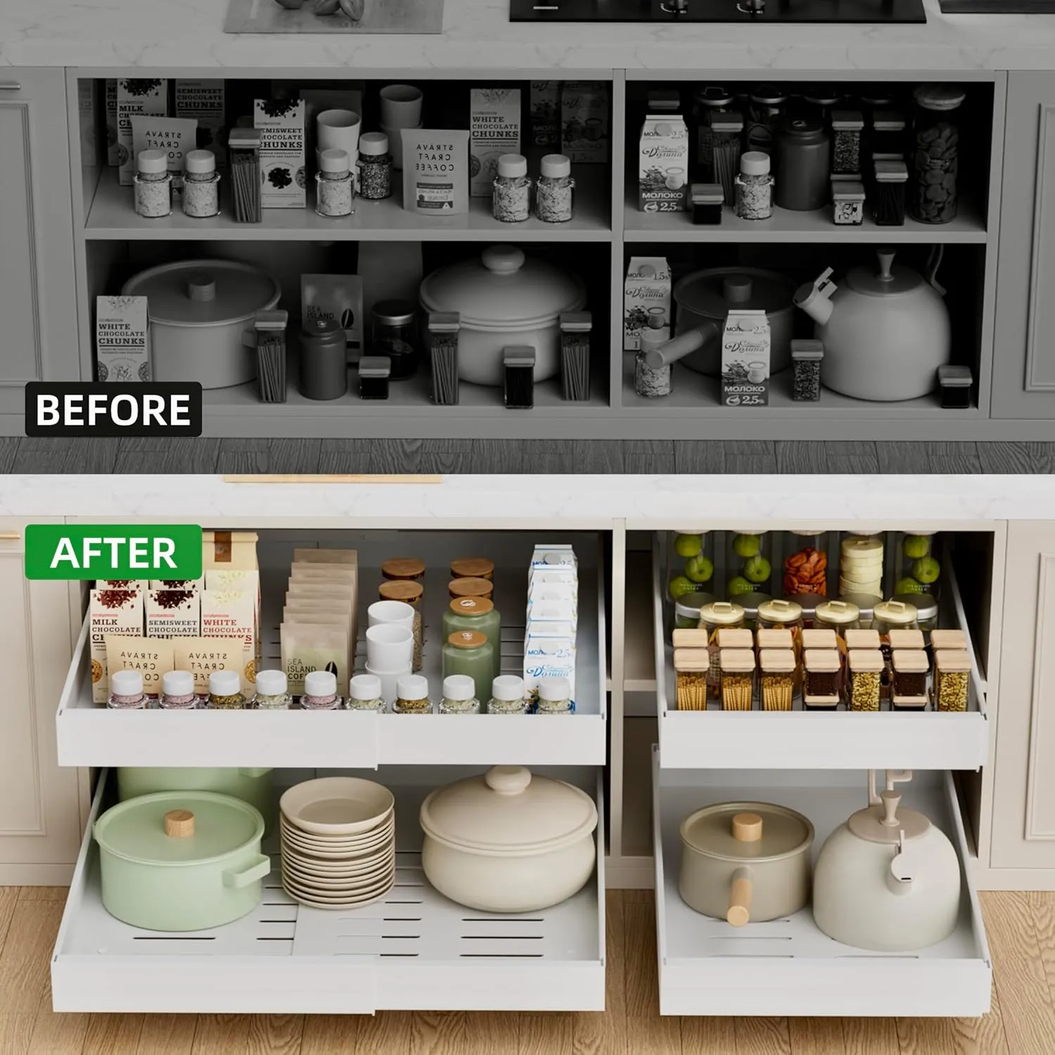 4 Pack Expandable Pull Out Cabinet Organizer, 21'' Deep Pull Out Drawers for Cabinet, Upgrade 3 Slide Rails Sliding Drawers for Cabinet with Adhesive Nano Film (White)