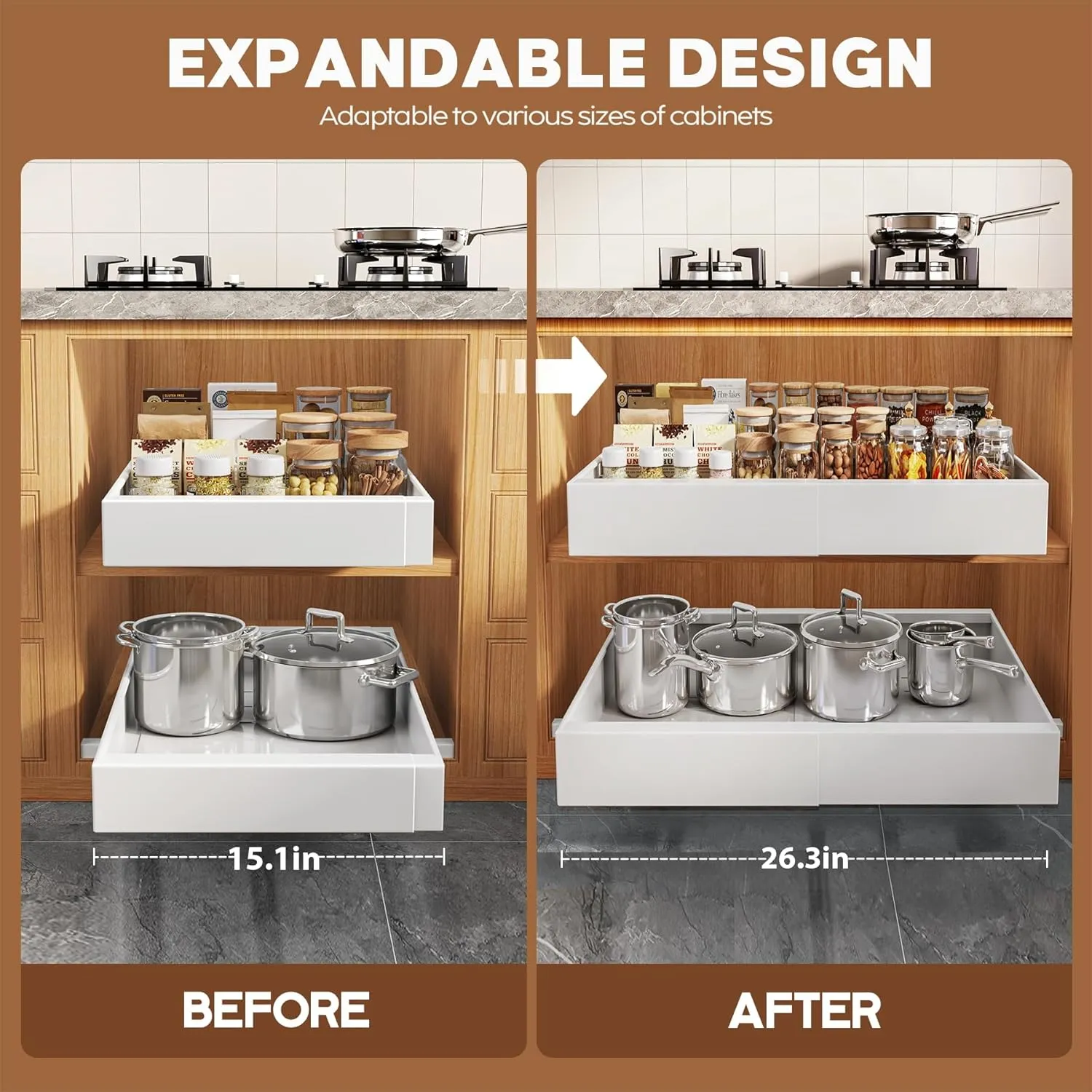 4 Pack Expandable Pull Out Cabinet Organizer 21"Deep With Raising Pad for Framed Cabinets,Upgrade 3 Slide Rails Slide Out Drawers,Roll Out Shelves Adhesive,Adjustable Width 15.1"-26.3" White