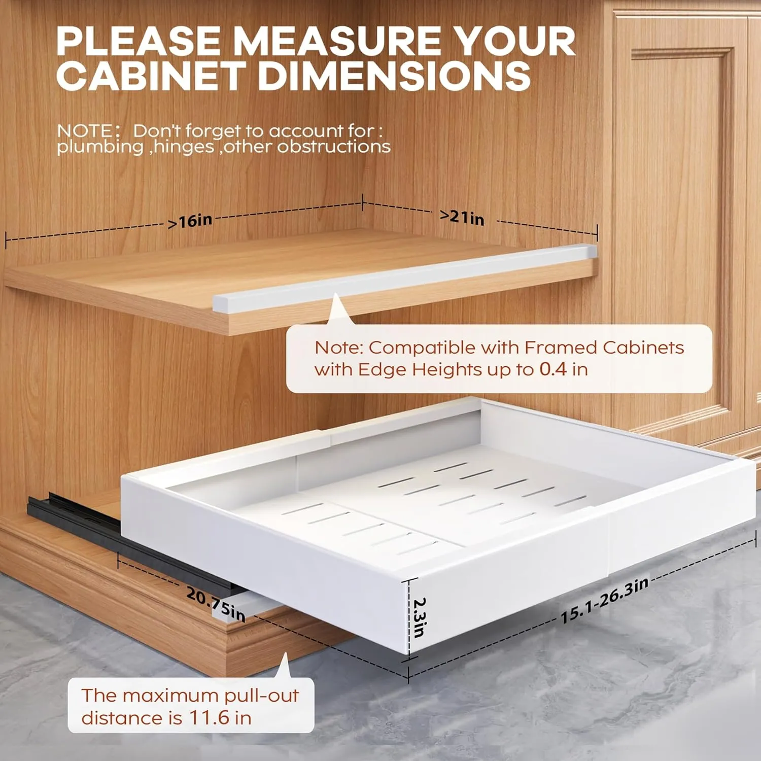 4 Pack Expandable Pull Out Cabinet Organizer 21"Deep With Raising Pad for Framed Cabinets,Upgrade 3 Slide Rails Slide Out Drawers,Roll Out Shelves Adhesive,Adjustable Width 15.1"-26.3" White