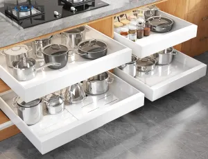 4 Pack Expandable Pull Out Cabinet Organizer 21"Deep With Raising Pad for Framed Cabinets,Upgrade 3 Slide Rails Slide Out Drawers,Roll Out Shelves Adhesive,Adjustable Width 15.1"-26.3" White