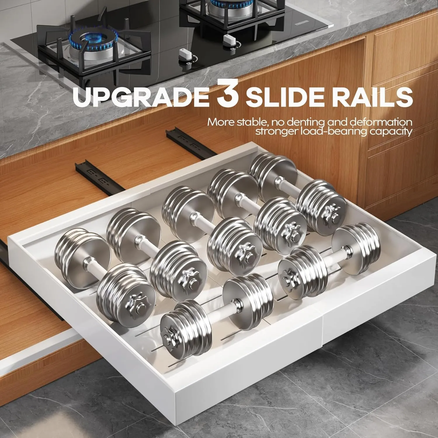 4 Pack Expandable Pull Out Cabinet Organizer 21"Deep With Raising Pad for Framed Cabinets,Upgrade 3 Slide Rails Slide Out Drawers,Roll Out Shelves Adhesive,Adjustable Width 15.1"-26.3" White