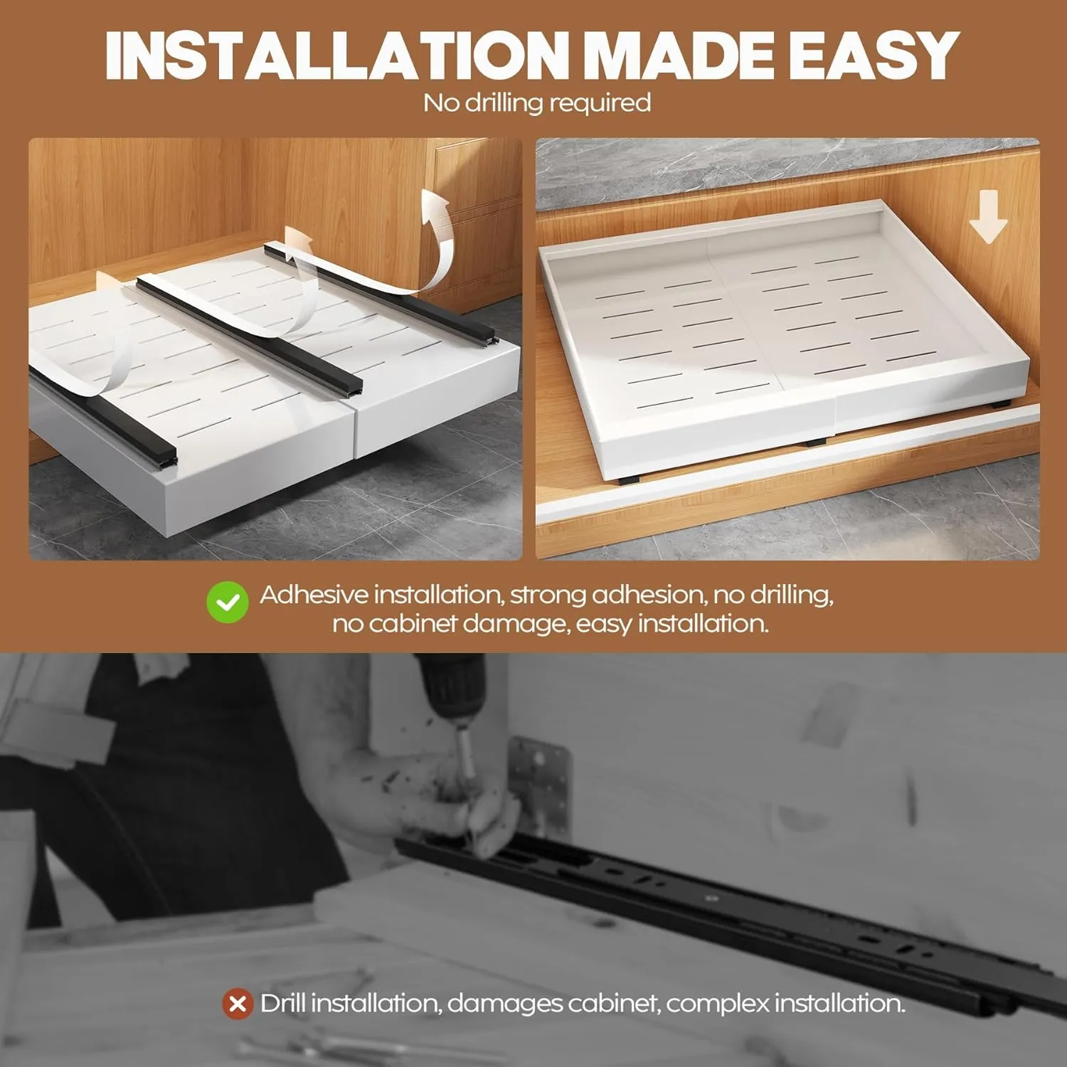 4 Pack Expandable Pull Out Cabinet Organizer 21"Deep With Raising Pad for Framed Cabinets,Upgrade 3 Slide Rails Slide Out Drawers,Roll Out Shelves Adhesive,Adjustable Width 15.1"-26.3" White