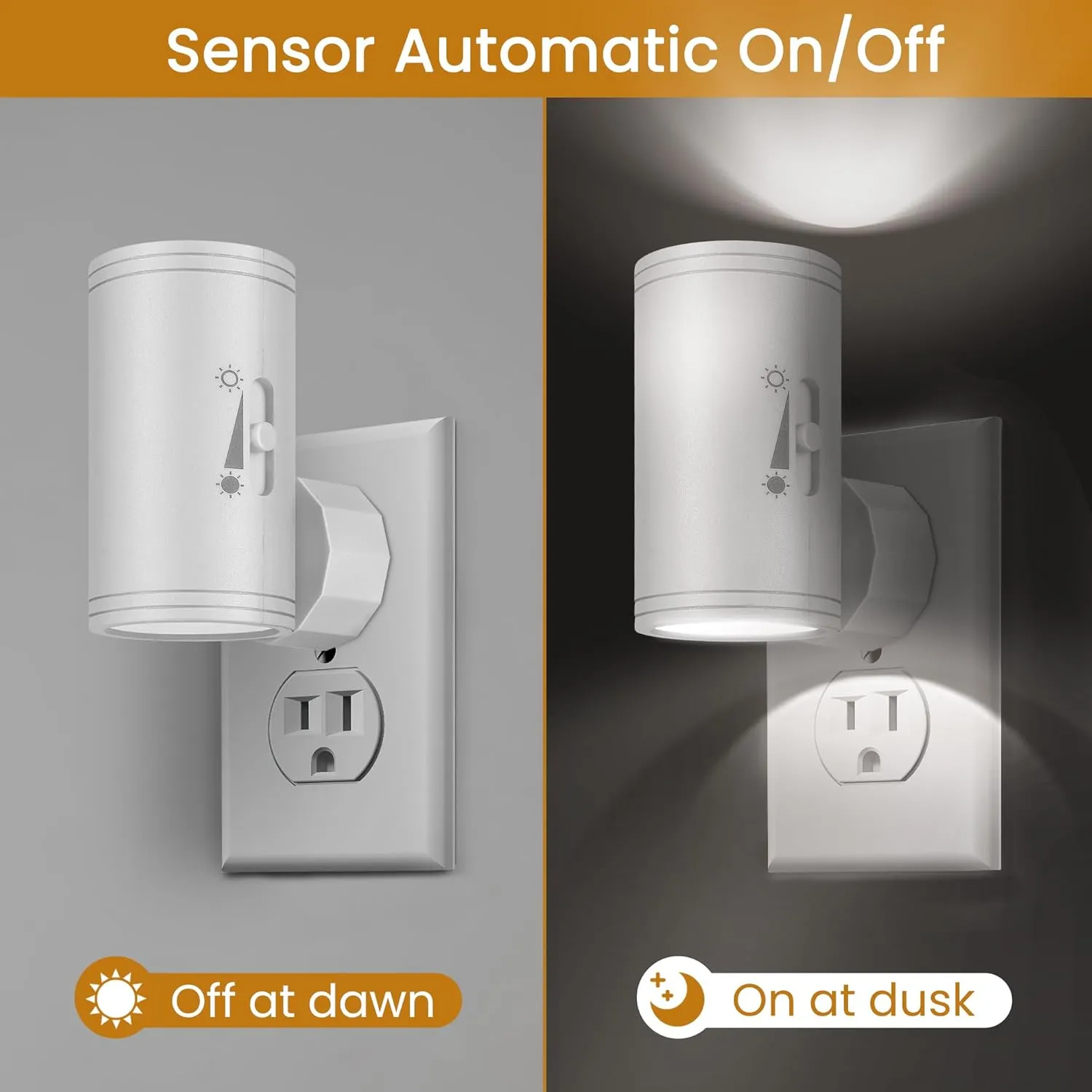 4 Pack LED Wall Plug-in Night Light with Dusk to Dawn Sensor, 5000K Daylight White, Dimmable 0-300LM, Adjustable Rotating Lamp for Bedroom, Bathroom, Kitchen, Hallway (Auto On/Off, Wall Outlet)