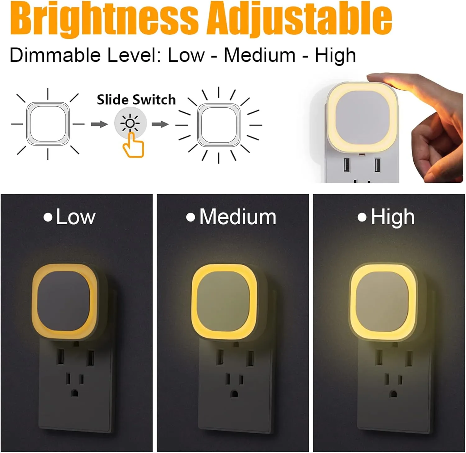 4 Pack Plug in Dimmable Night Lights, Soft Warm White, Auto Dusk to Dawn Sensor, Square Nightlights for Bathroom, Hallway, Stairs, Kitchen, Bedroom, Garage