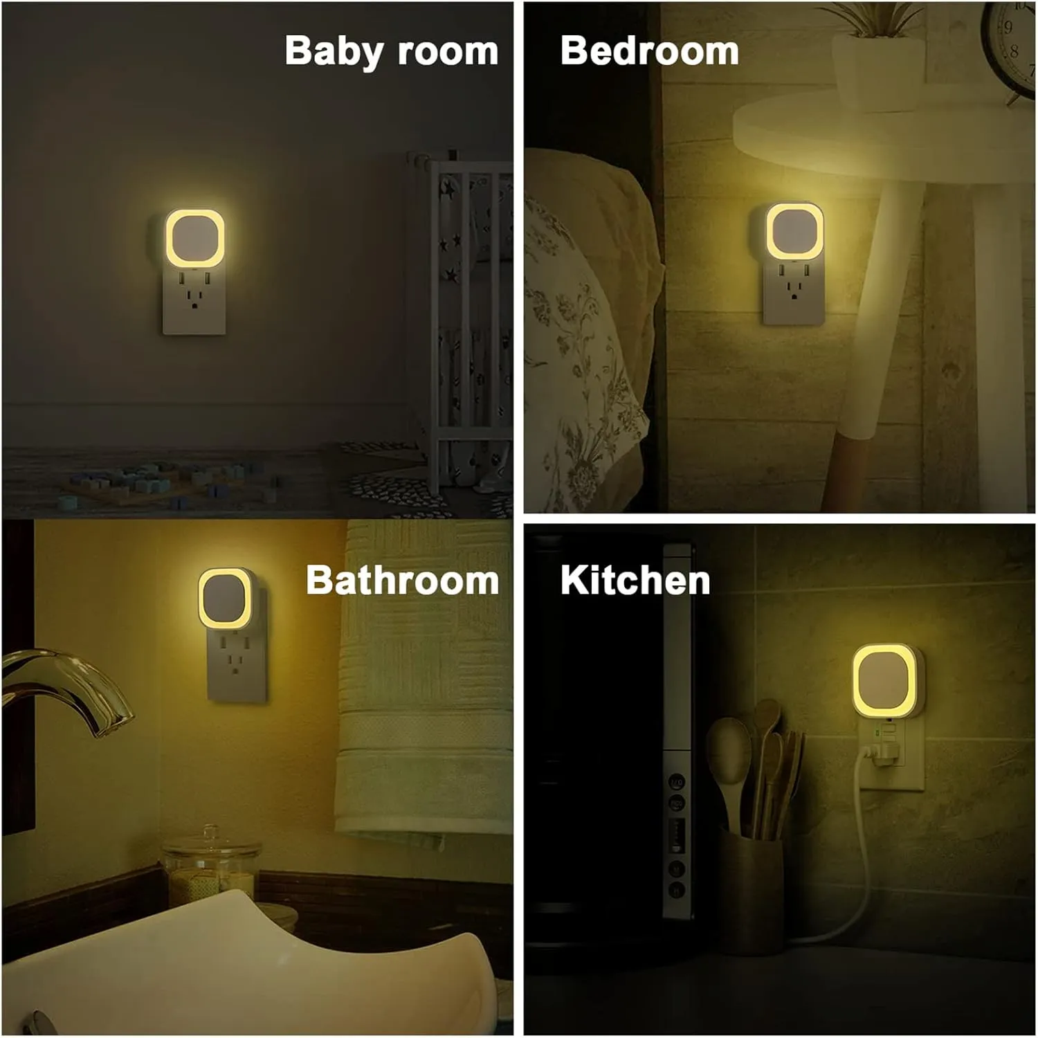 4 Pack Plug in Dimmable Night Lights, Soft Warm White, Auto Dusk to Dawn Sensor, Square Nightlights for Bathroom, Hallway, Stairs, Kitchen, Bedroom, Garage