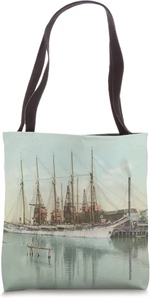 5 Mast Schooner Ship at Dock Illustration Tote Bag