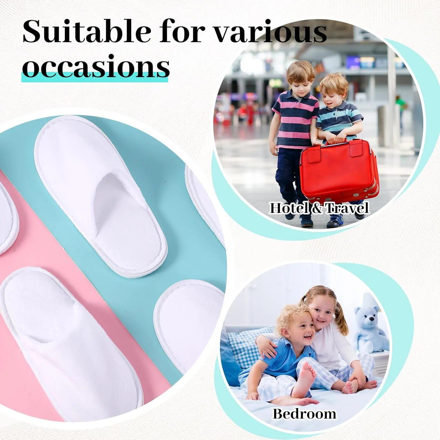 6 Pairs Kids Disposable Slippers Non Slip Closed Toe Spa Slippers Comfortable House Spa Indoor Outdoor for 4-12 Years Old Boys Girls Party Hotel Travel(White,Medium)