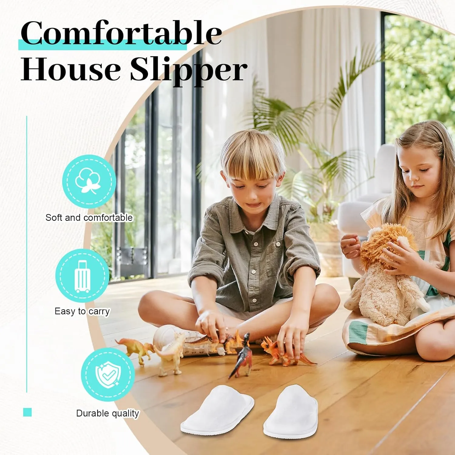 6 Pairs Kids Disposable Slippers Non Slip Closed Toe Spa Slippers Comfortable House Spa Indoor Outdoor for 4-12 Years Old Boys Girls Party Hotel Travel(White,Medium)