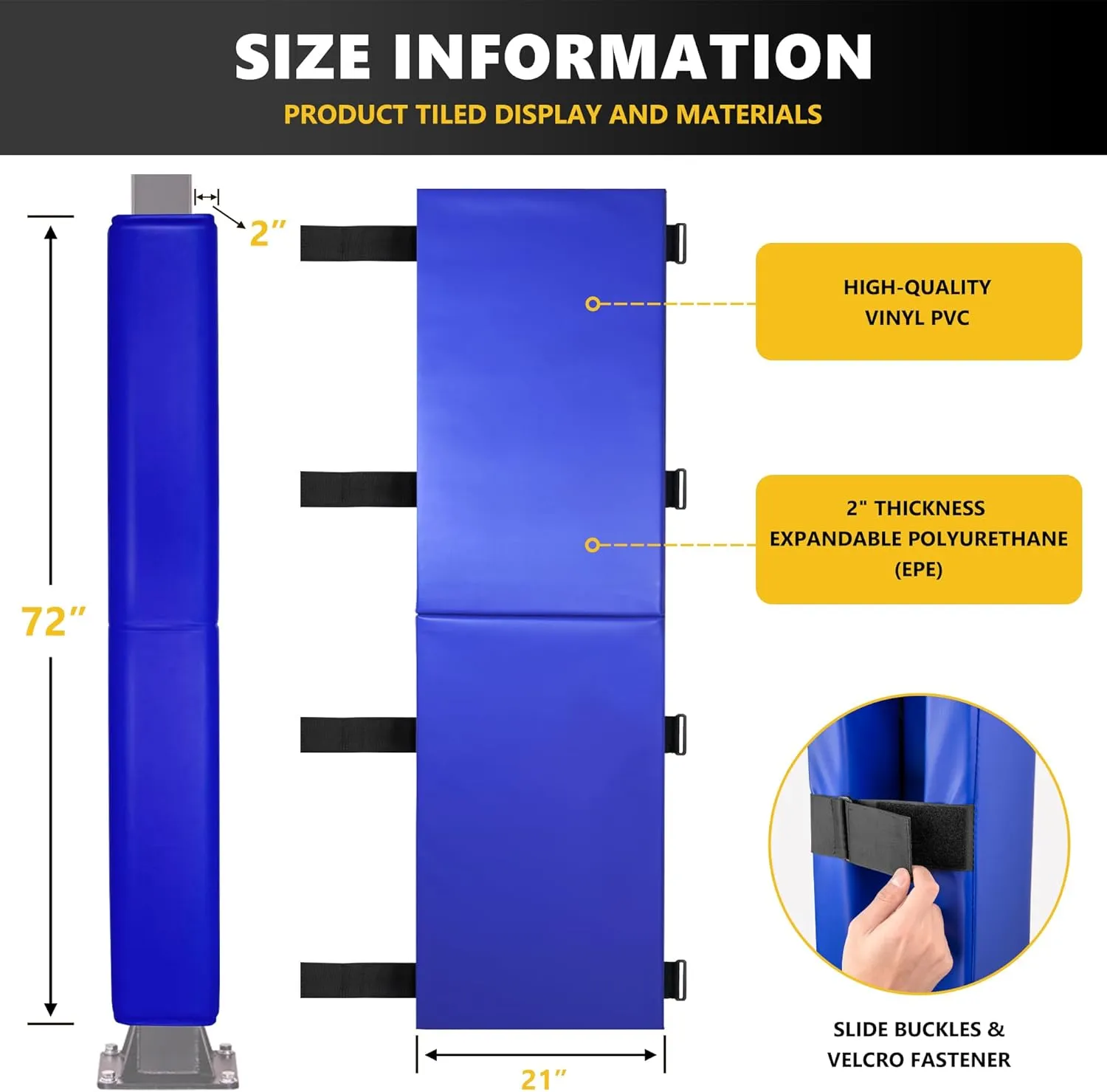 72" Tall Basketball Pole Pads, All-Weather Square Basketball Pole Padding Outdoor, 2" Thick Heavy Duty Wrap-Around Protective Pads for Fixed Height & Adjustable Basketball Hoop Poles