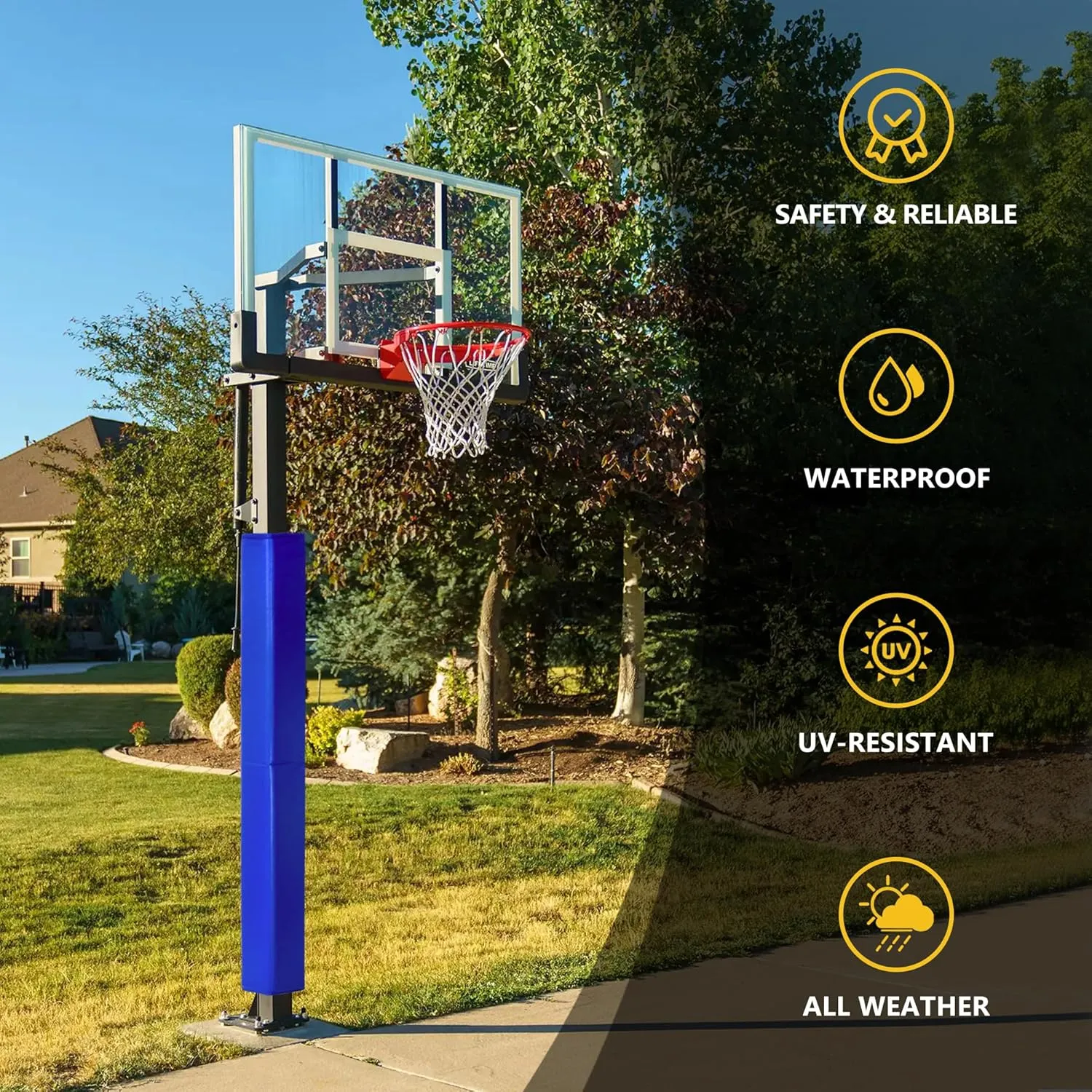 72" Tall Basketball Pole Pads, All-Weather Square Basketball Pole Padding Outdoor, 2" Thick Heavy Duty Wrap-Around Protective Pads for Fixed Height & Adjustable Basketball Hoop Poles