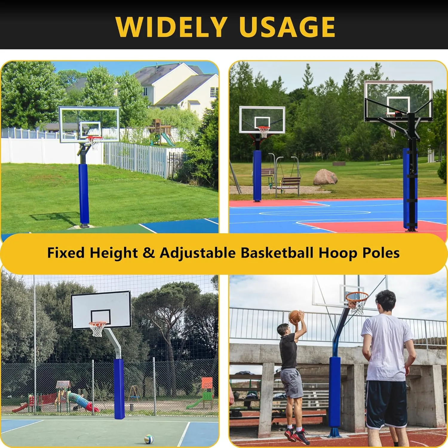 72" Tall Basketball Pole Pads, All-Weather Square Basketball Pole Padding Outdoor, 2" Thick Heavy Duty Wrap-Around Protective Pads for Fixed Height & Adjustable Basketball Hoop Poles