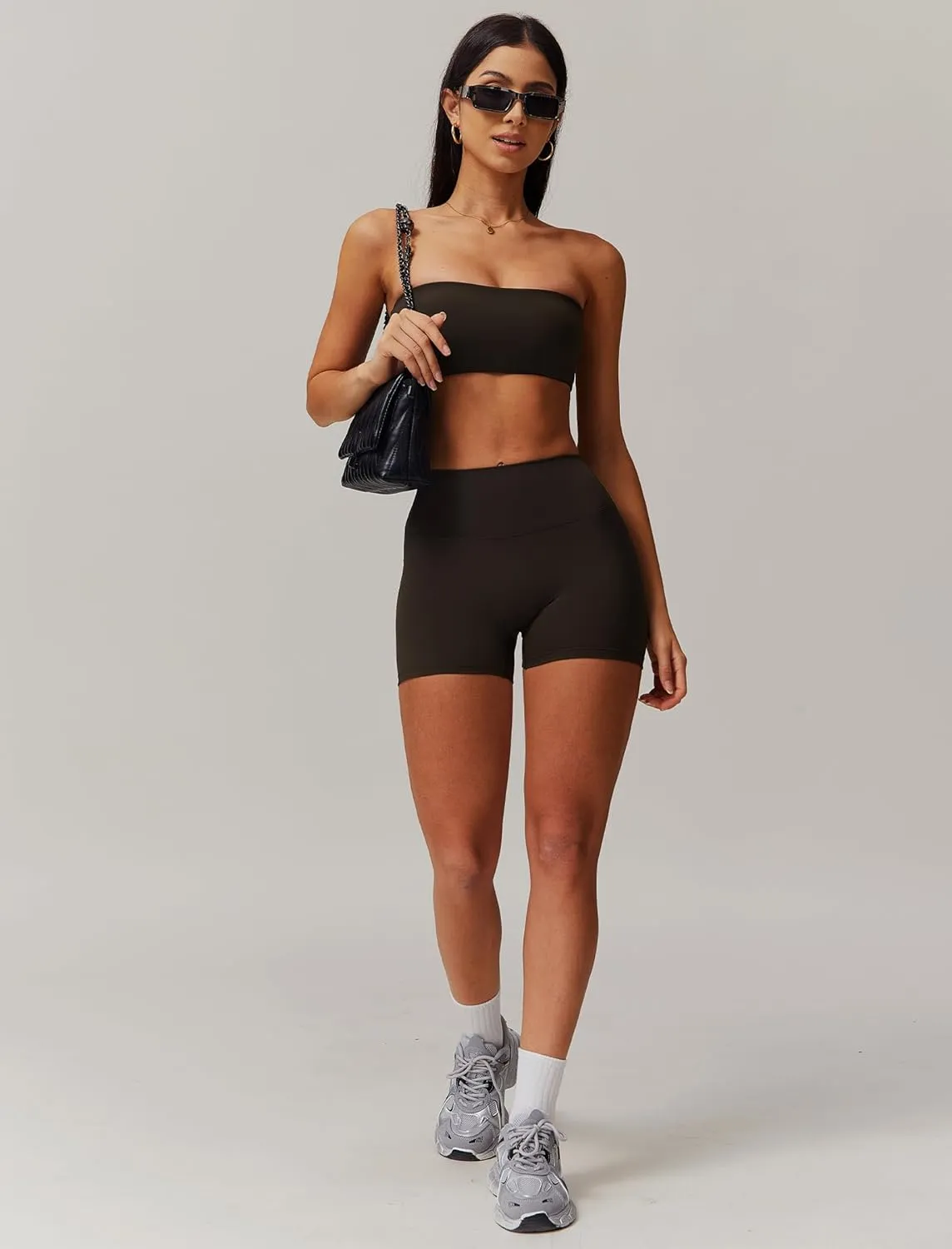 ABOCIW Women Workout Sets Bandeau Bralette Sports Bra Scrunch Butt Lifting High Waist Shorts 2 Piece Gym Yoga Outfits