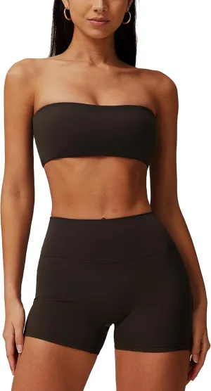 ABOCIW Women Workout Sets Bandeau Bralette Sports Bra Scrunch Butt Lifting High Waist Shorts 2 Piece Gym Yoga Outfits