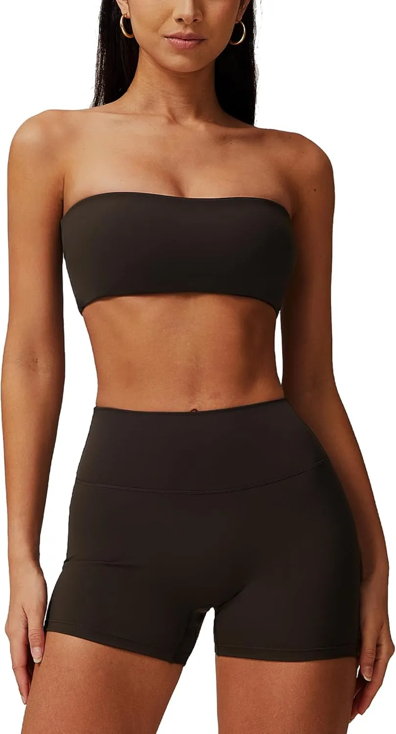 ABOCIW Women Workout Sets Bandeau Bralette Sports Bra Scrunch Butt Lifting High Waist Shorts 2 Piece Gym Yoga Outfits