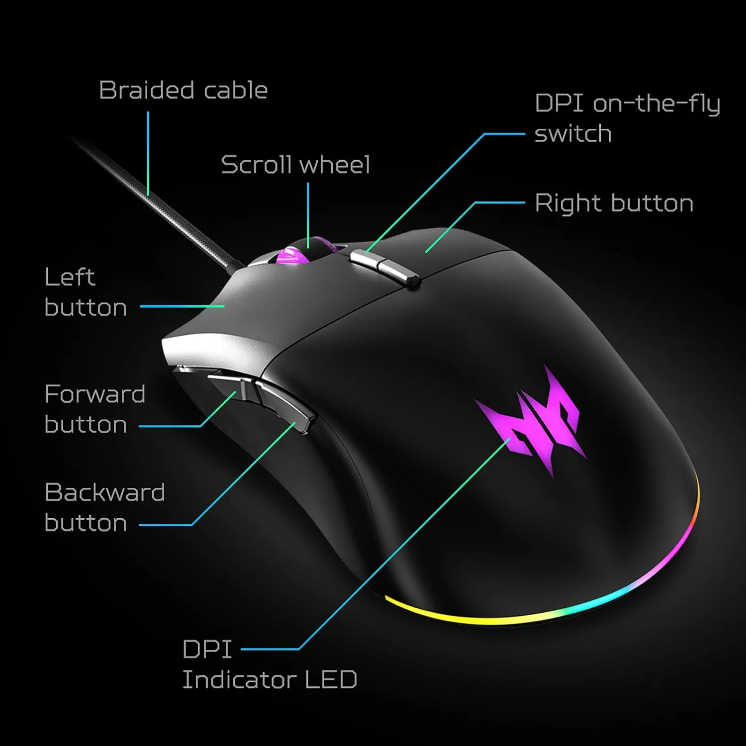 Acer Predator Cestus 330 Gaming Mouse with PixArt 3335 Sensor, Adjustable DPI Settings, 16.8 Million RGB Color Lighting Combinations & NVIDIA Reflex