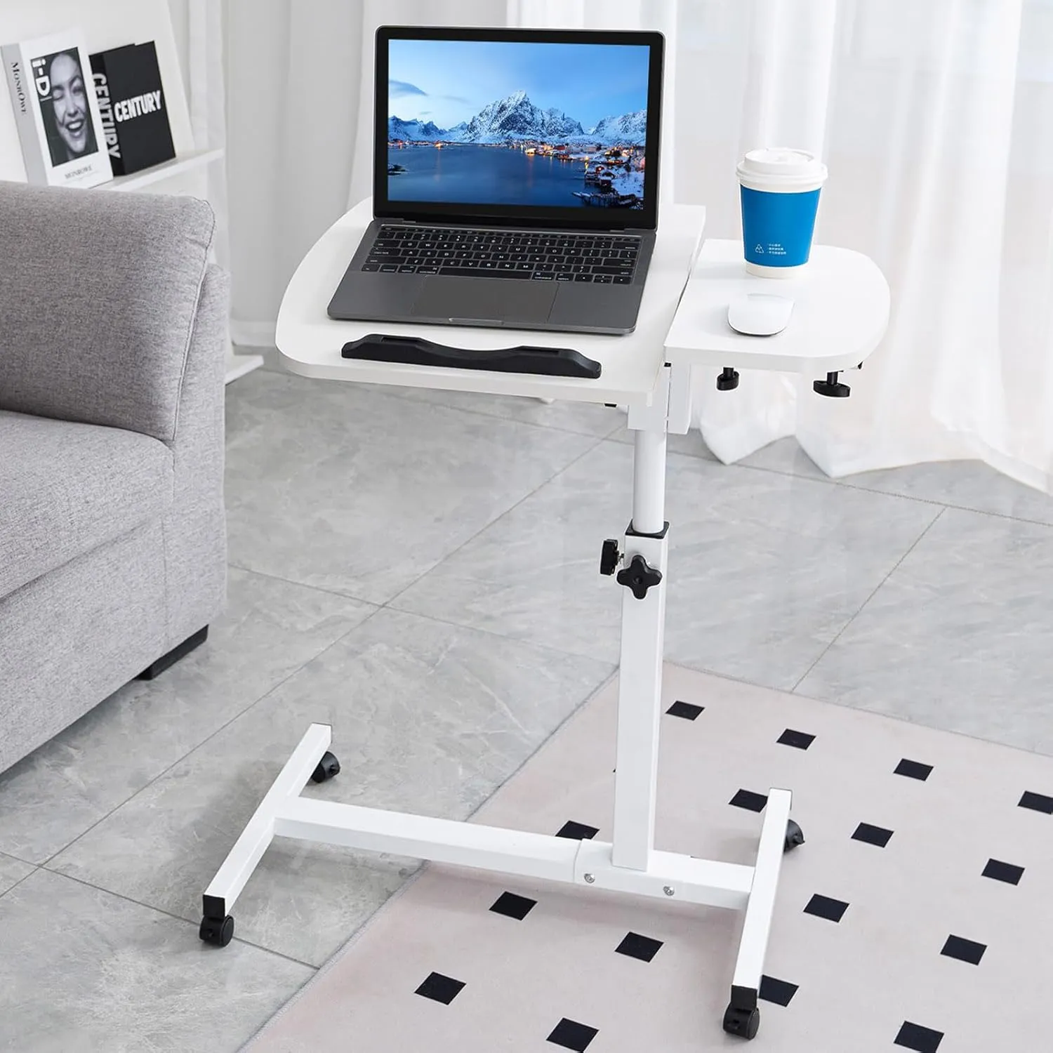 Adjustable Overbed Table with Wheels, Tilting Desktop, Rolling Laptop Desk for Bed, Sofa, or Hospital Use, Mobile Standing Desk for Laptop, Notebook, and Meals (White)