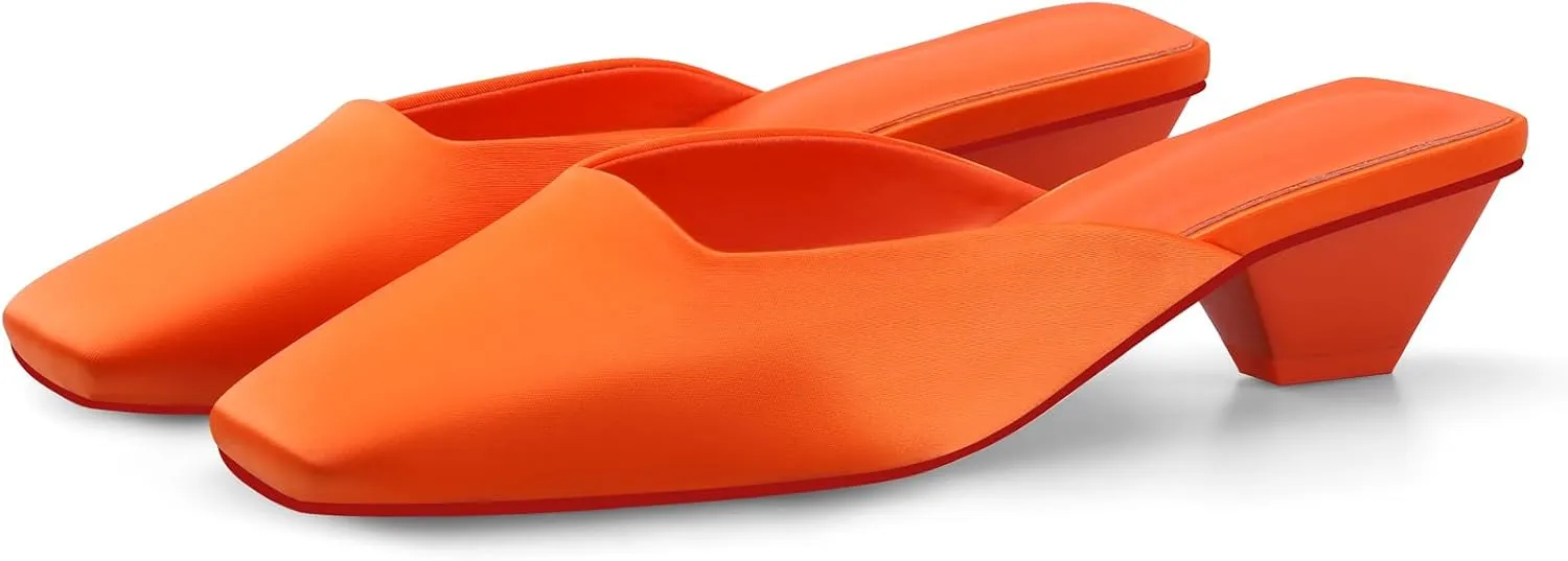 Adrizzlein Mule Heels for Women Square Toe Kitten Heel Satin Mules Closed Toe Low Heel Slides Sandals Summer Dress Shoes Orange Size 8.5
