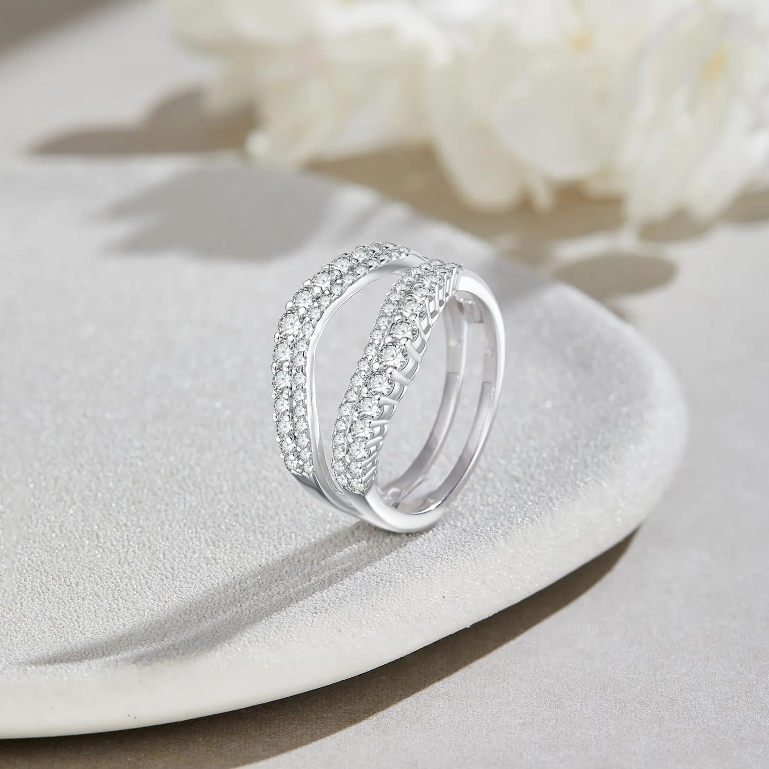 AFFY 1 Ct. Round Double Row Pave Set Curved Enhancer Guard Bridal Wedding Engagement Ring In 14K Gold Over Sterling Silver With Cubic Zirconia, Gift For Her