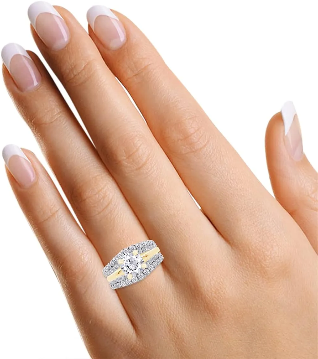 AFFY 1 Ct. Round Double Row Pave Set Curved Enhancer Guard Bridal Wedding Engagement Ring In 14K Gold Over Sterling Silver With Cubic Zirconia, Gift For Her
