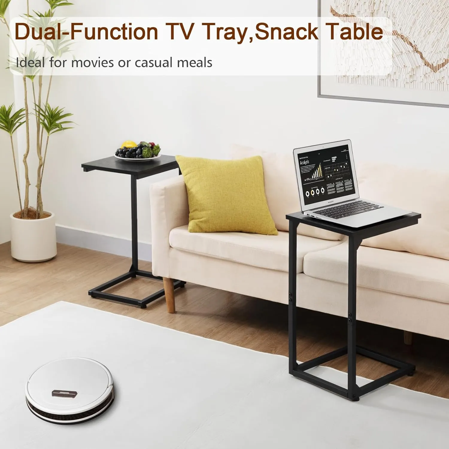 AMHANCIBLE C Shaped End Table Set of 2, Couch Tables That Slide Under, TV Tray Snack Table for Sofa, Small Side Table for Couch, Small Space, Living Room, Black, HET02CBK
