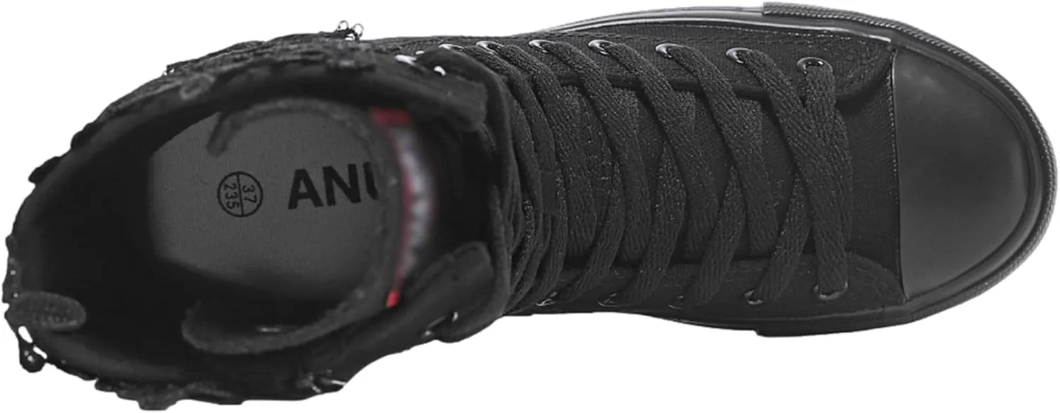 ANUFER Womens Girls Classic Mid-Calf Lace Up Zipper Canvas Boots Casual High Top Canvas Sneakers