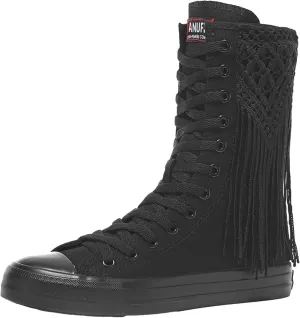ANUFER Womens Girls Classic Mid-Calf Lace Up Zipper Canvas Boots Casual High Top Canvas Sneakers