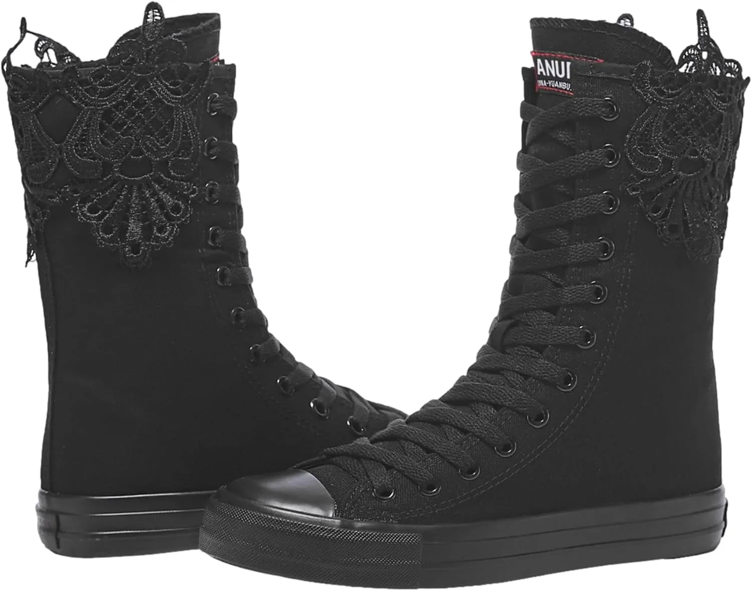 ANUFER Womens Girls Classic Mid-Calf Lace Up Zipper Canvas Boots Casual High Top Canvas Sneakers