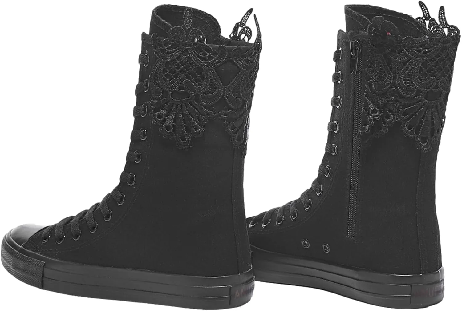 ANUFER Womens Girls Classic Mid-Calf Lace Up Zipper Canvas Boots Casual High Top Canvas Sneakers