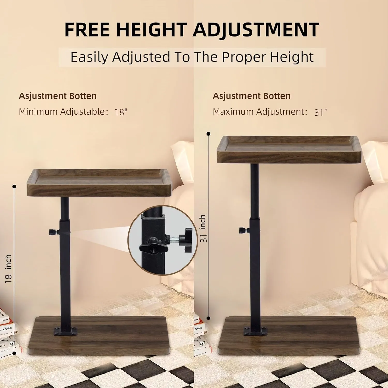 Aoligrace Adjustable Height Side Table with 360° Swivel Top, Wooden C Shaped End Table for Couch Sofa Bed, Small TV Tray for Small Spaces Living Room Bedroom