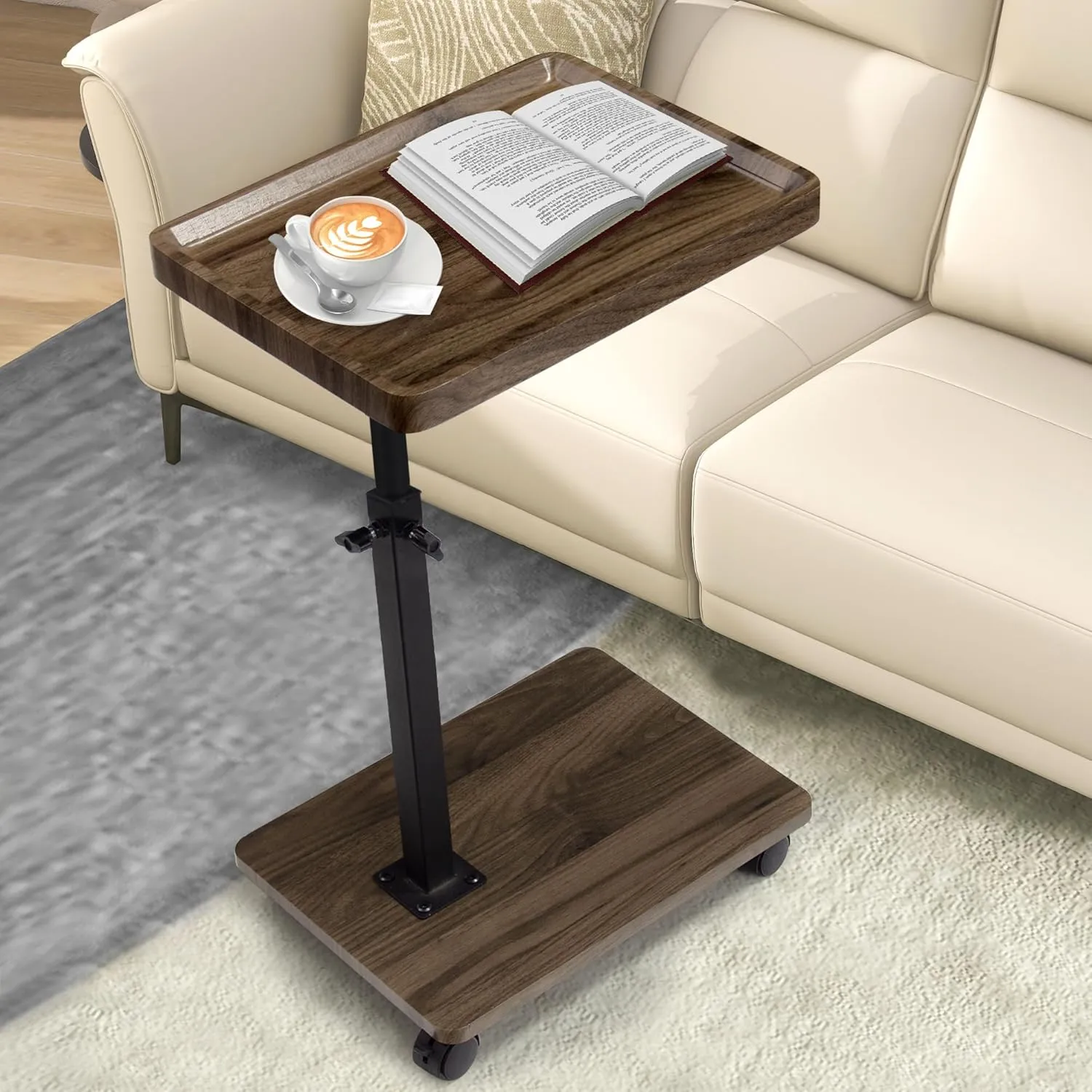 Aoligrace C Table End Table Adjustable Height, 360° Swivel Side Table with Wheels, Small TV Tray Table for Living Room Bedroom, Couch Tables That Slide Under for Sofa Bed Chair