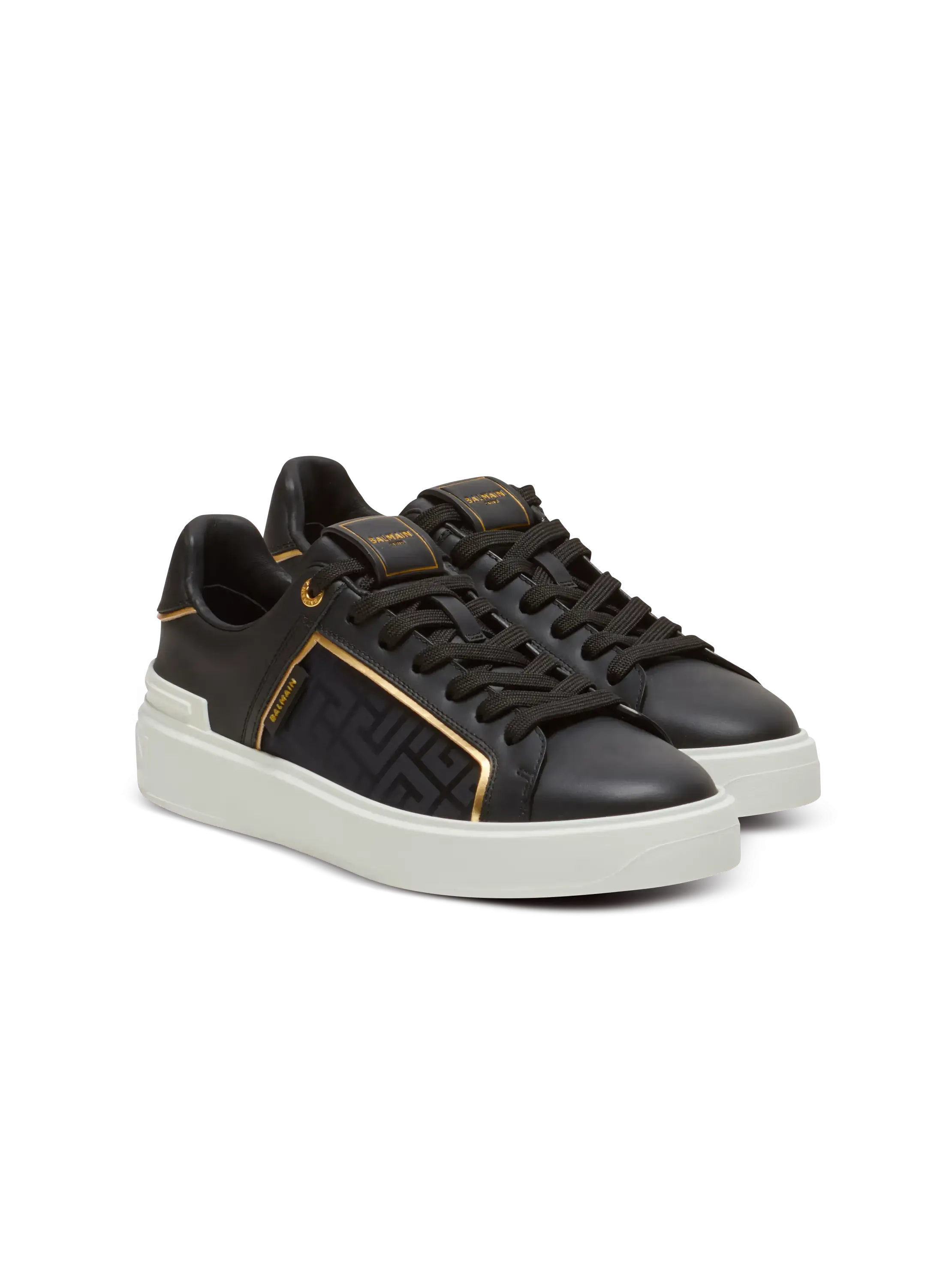 BALMAIN || B-Court Dual Color Monogrammed Nylon And Leather Sneakers