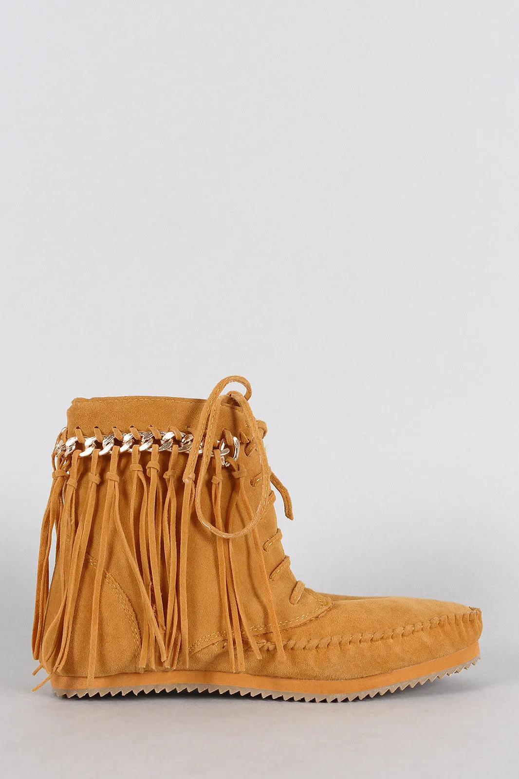 Bamboo Booties Chain Moccasin Lace Super savings Fringe Up Worldwide coverage Link Suede Flat
