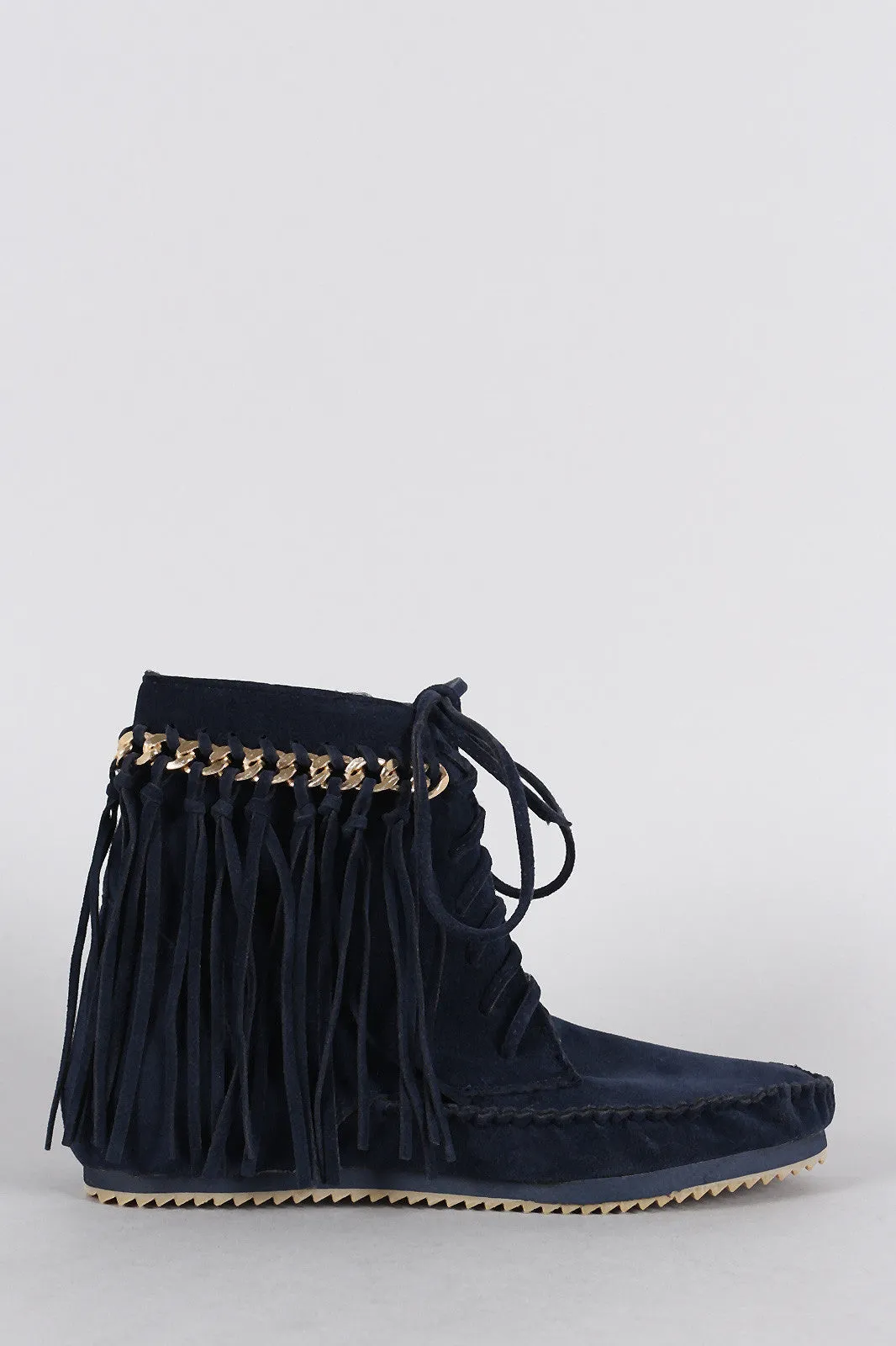 Bamboo Booties Chain Moccasin Lace Super savings Fringe Up Worldwide coverage Link Suede Flat