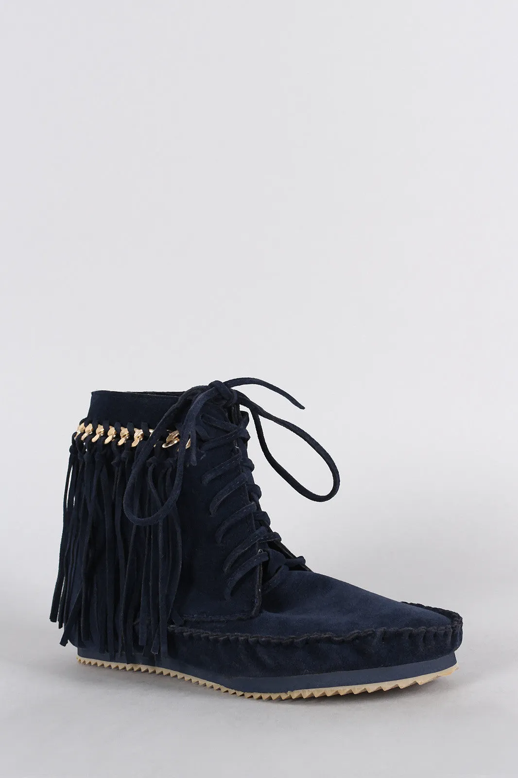 Bamboo Booties Chain Moccasin Lace Super savings Fringe Up Worldwide coverage Link Suede Flat