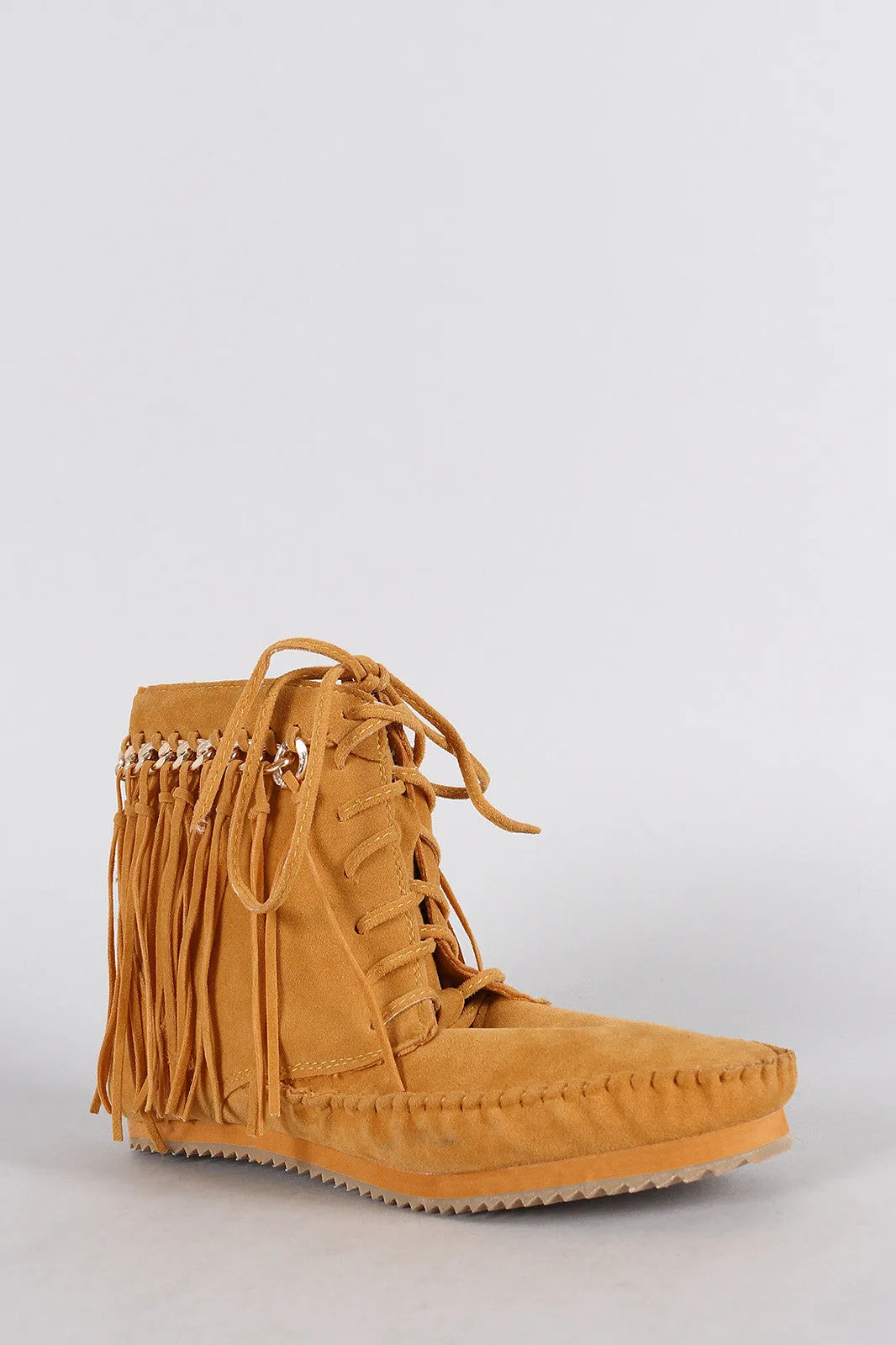 Bamboo Booties Chain Moccasin Lace Super savings Fringe Up Worldwide coverage Link Suede Flat