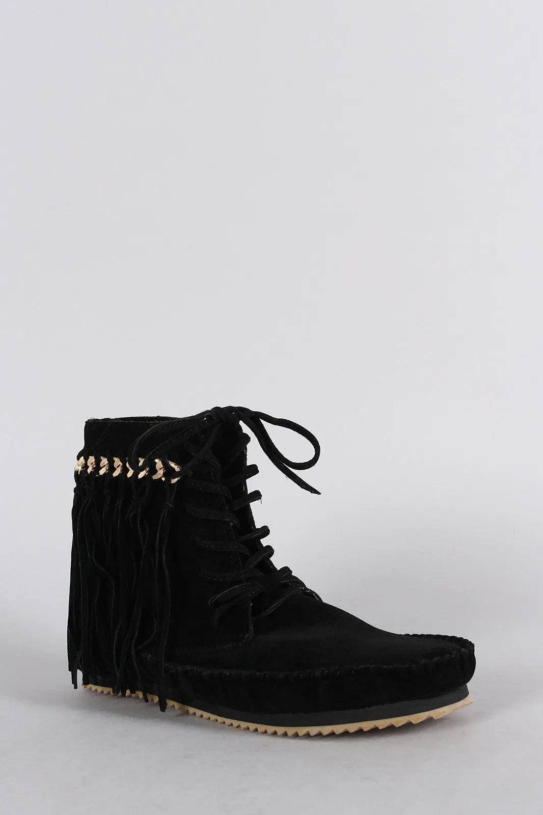 Bamboo Booties Chain Moccasin Lace Super savings Fringe Up Worldwide coverage Link Suede Flat