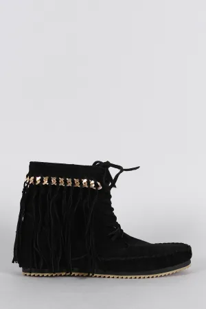 Bamboo Booties Chain Moccasin Lace Super savings Fringe Up Worldwide coverage Link Suede Flat