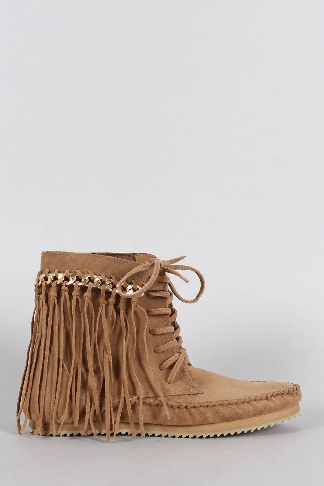 Bamboo Booties Chain Moccasin Lace Super savings Fringe Up Worldwide coverage Link Suede Flat