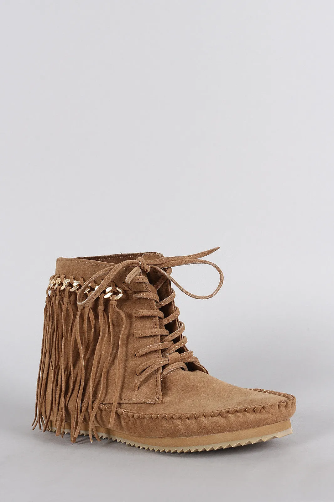 Bamboo Booties Chain Moccasin Lace Super savings Fringe Up Worldwide coverage Link Suede Flat