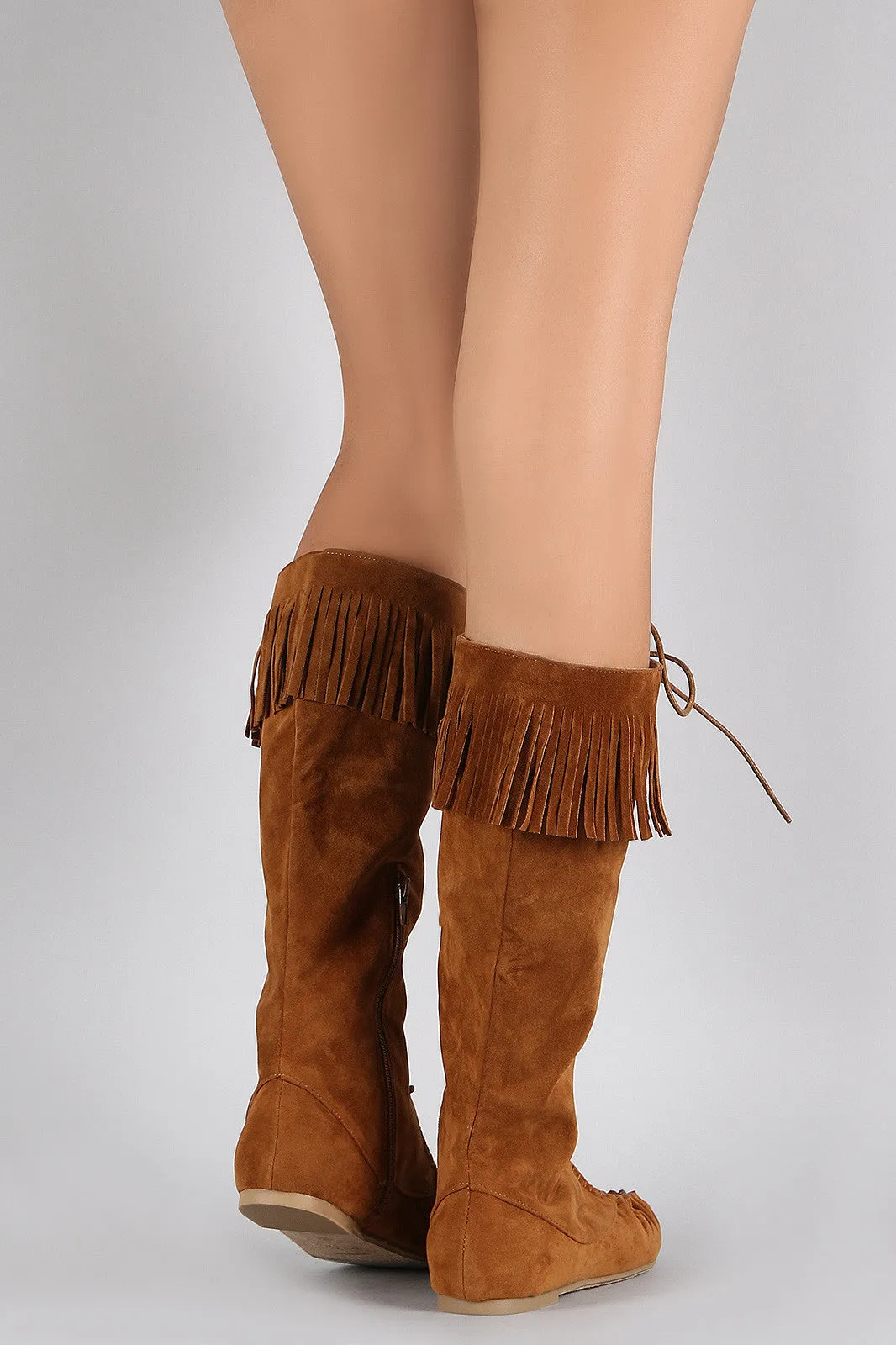 Bamboo On-time delivery Lace Boots Up Limited edition Moccasin Flat Fringe