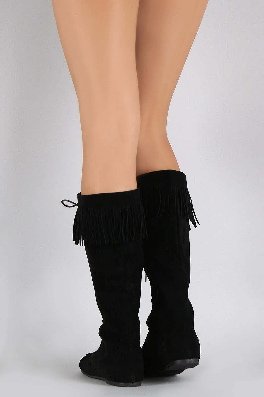 Bamboo On-time delivery Lace Boots Up Limited edition Moccasin Flat Fringe