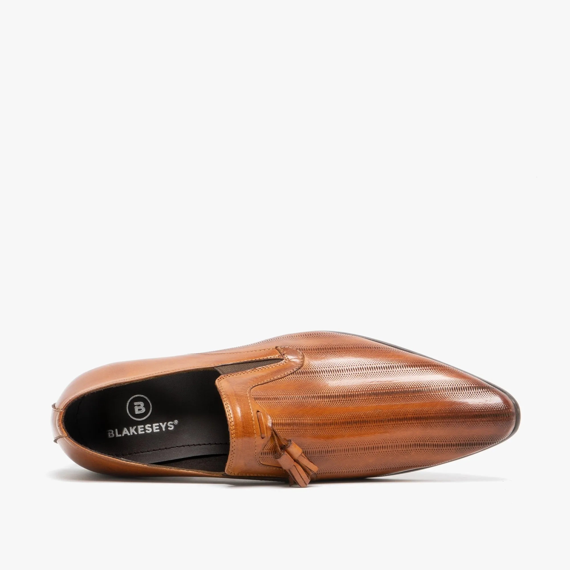 Blakeseys WESTMORELAND Mens Leather Etched Pointed Tassel Loafers Tan